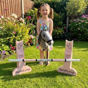 Girl standing with Hobby Horse behind 50cm pink jump