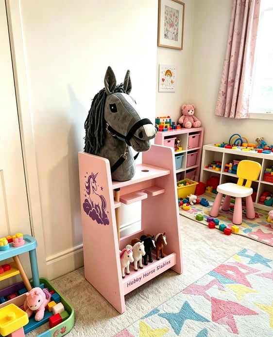 The pink 2 stall stable with a hobby horse inside, shelf at the bottom.